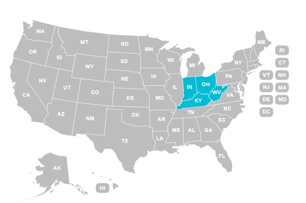 Service area map showing Ohio, Kentucky, Indiana, and West Virginia